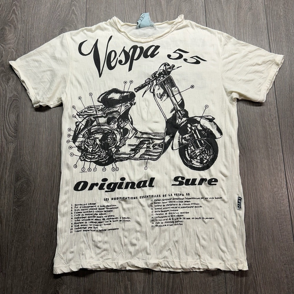 Sure Vespa 55 Scooter Graphic T-Shirt Mens Cream Crinkle Cotton Tee Large